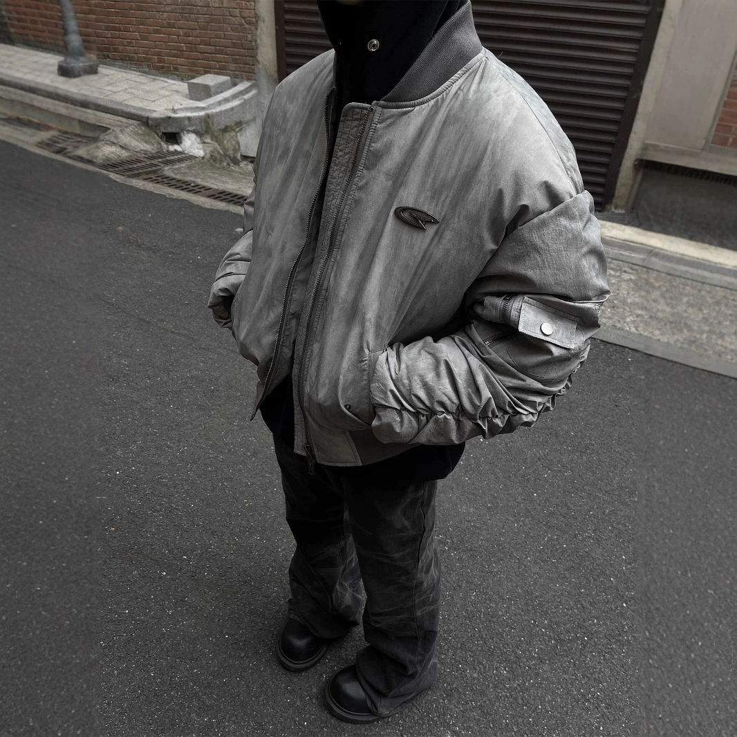 冬季复古废土风褶皱设计飞行服棒球服棉服美式嘻哈外套保暖棉衣潮