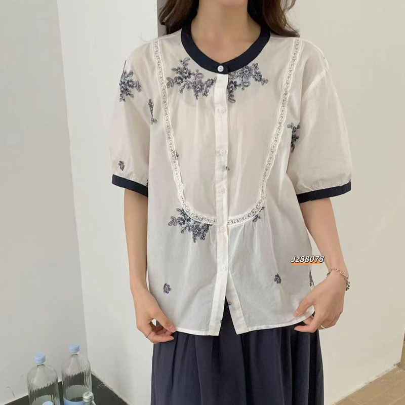 French-Style Embroidered Lace Patchwork Short-Sleeve Shirt 2026 Japanese Mori Girl Style Color-Block Collar Lightweight Versatile Top for Women
