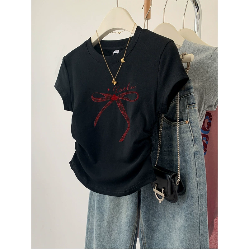 Короткая летняя футболка из хлопка с бантом, прилегающий крой, plus size (S–XXL)