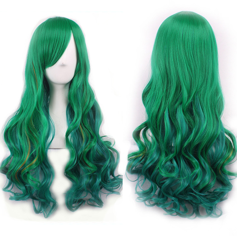 European And American Green Chemical Fiber High-Temperature Silk Colorful Cosplay Wig Curly Hair With Side Bangs Big_voghion.com