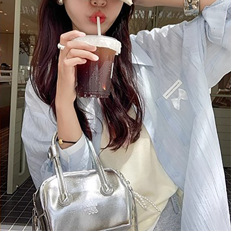 夏の炭酸水韓国風ブルー薄手長袖日焼け止めトップ女性の秋の休暇微透けシャツ|undefined