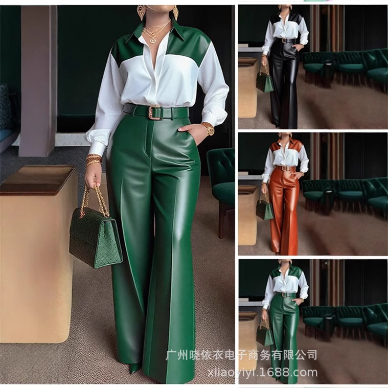 Amazon Cross-Border European and American Foreign Trade Temperament Commuter Women's Long-Sleeved Shirt Belt Wide-Leg Leather Pants Two-Piece Suit Amazon Cross-Border European and American Foreign Trade Temperament Commuter Women's Long-Sleeved Shirt Belt Wide-Leg Leather Pants Two-Piece Suit