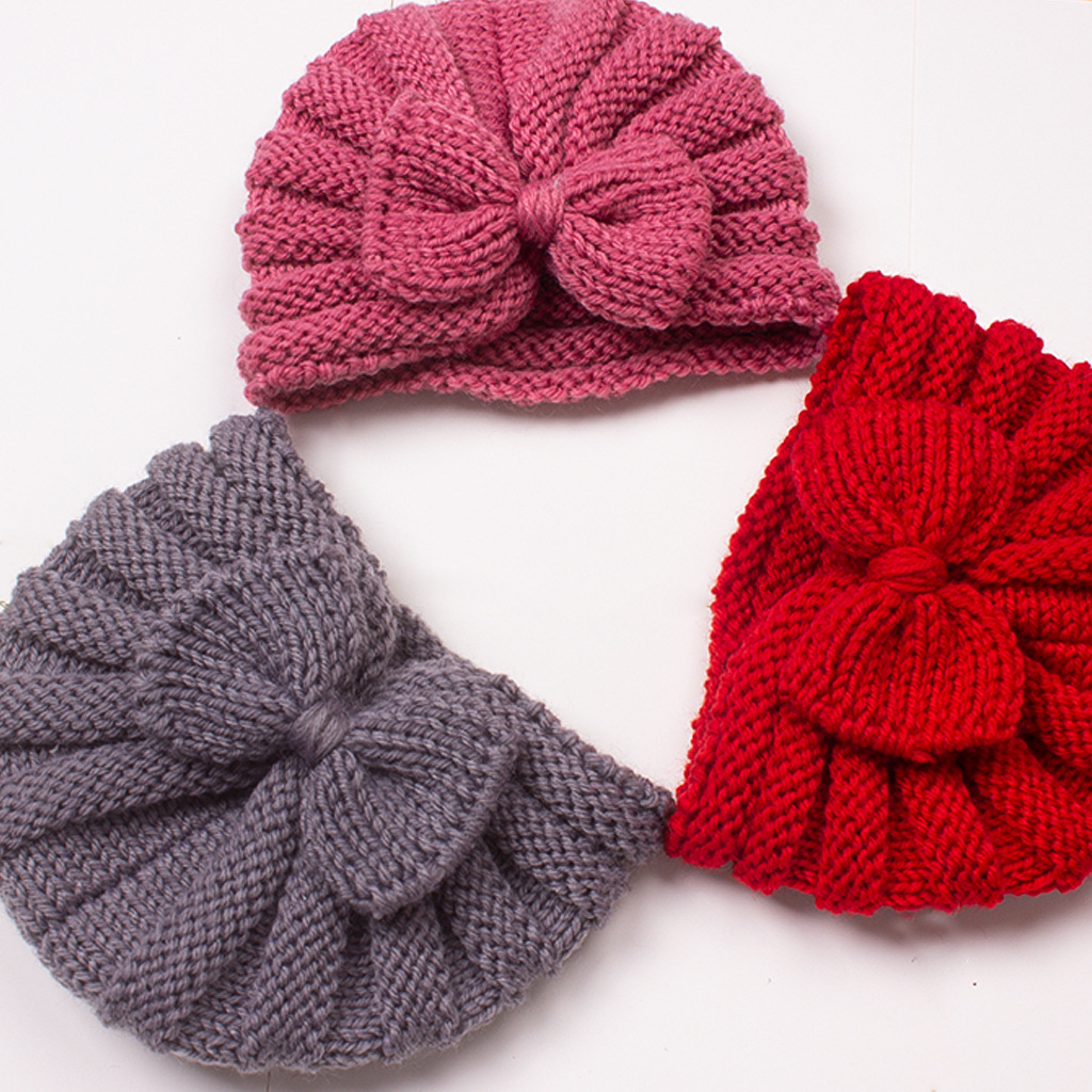 70g Weight Hat Classification Wool Cap Hats Type Daily Occasion Solid Color, Bow Knot Pattern Winter, Spring, Autumn Season Children Unisex Gender Knitted Design Fashion Style Children Unisex Fashion Solid Color Bow Knot Knitted Wool Cap 3