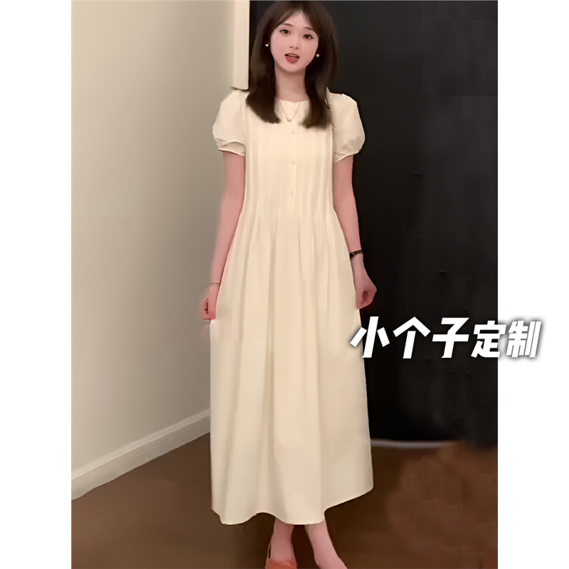 150 Short French Style Pleated Puff Sleeve dress Women's Summer Tea Break Loose Elegant Waist A- line Midi Dress