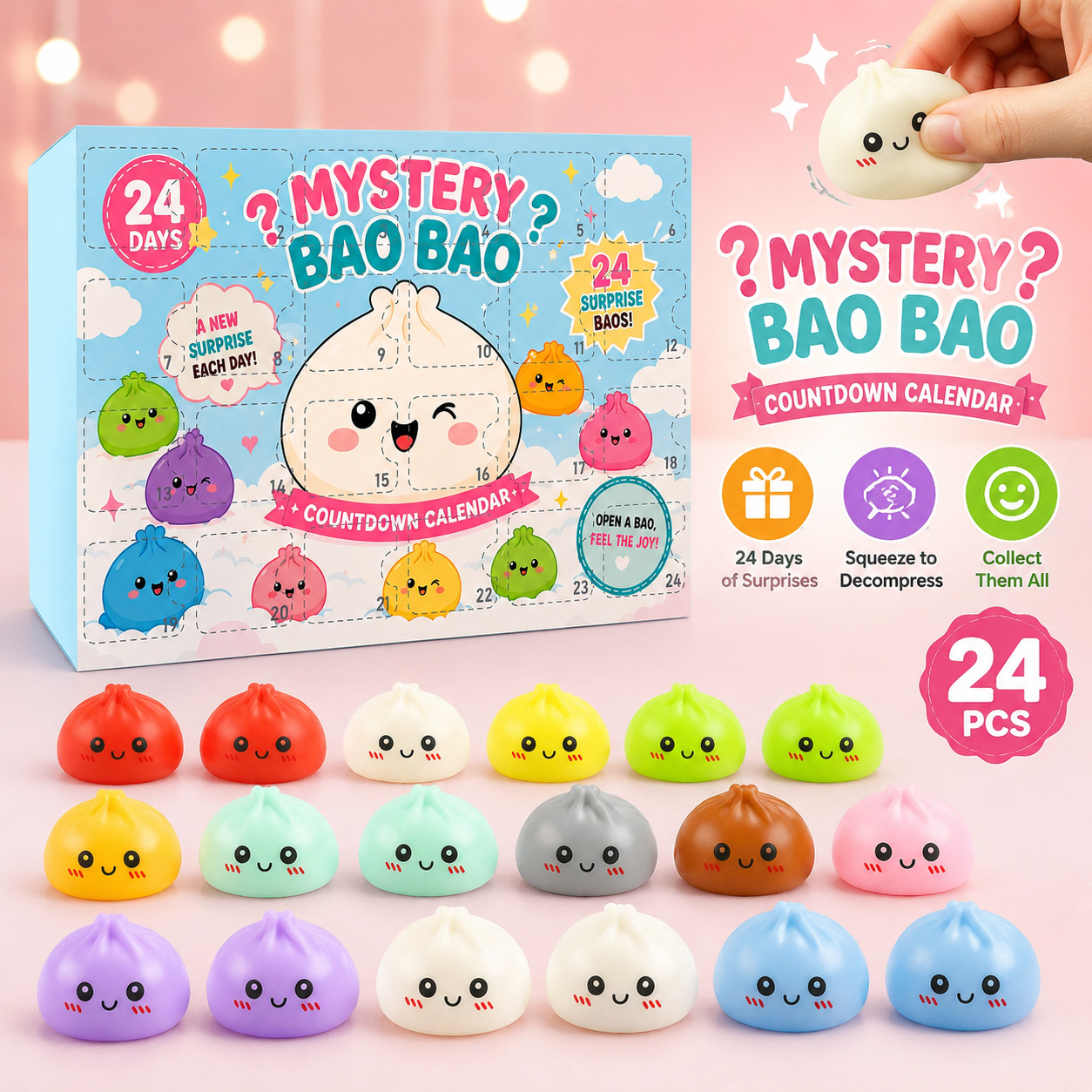 Cute Mini Bun Squishy Fidget Toy 24 días cuenta regresiva pan de dibujos animados pellizco pellizco Le caja ciega image 1