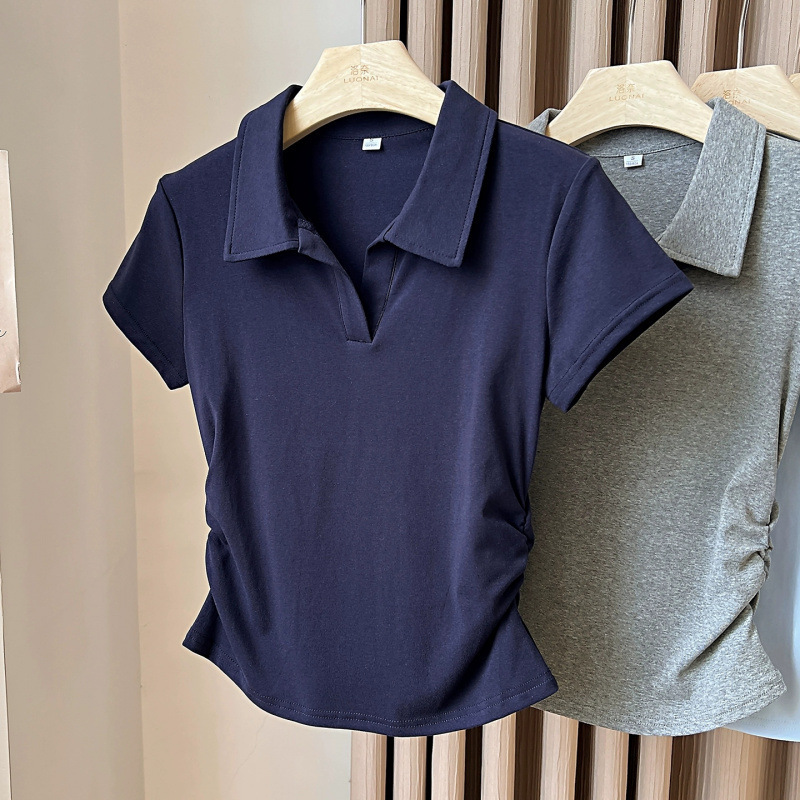 Polo Collar Right Shoulder Short-Sleeved T-Shirt for Women 2025 New Summer Waist-Cinching Waist Short Style Collared Lapel V-Neck Top Trendy