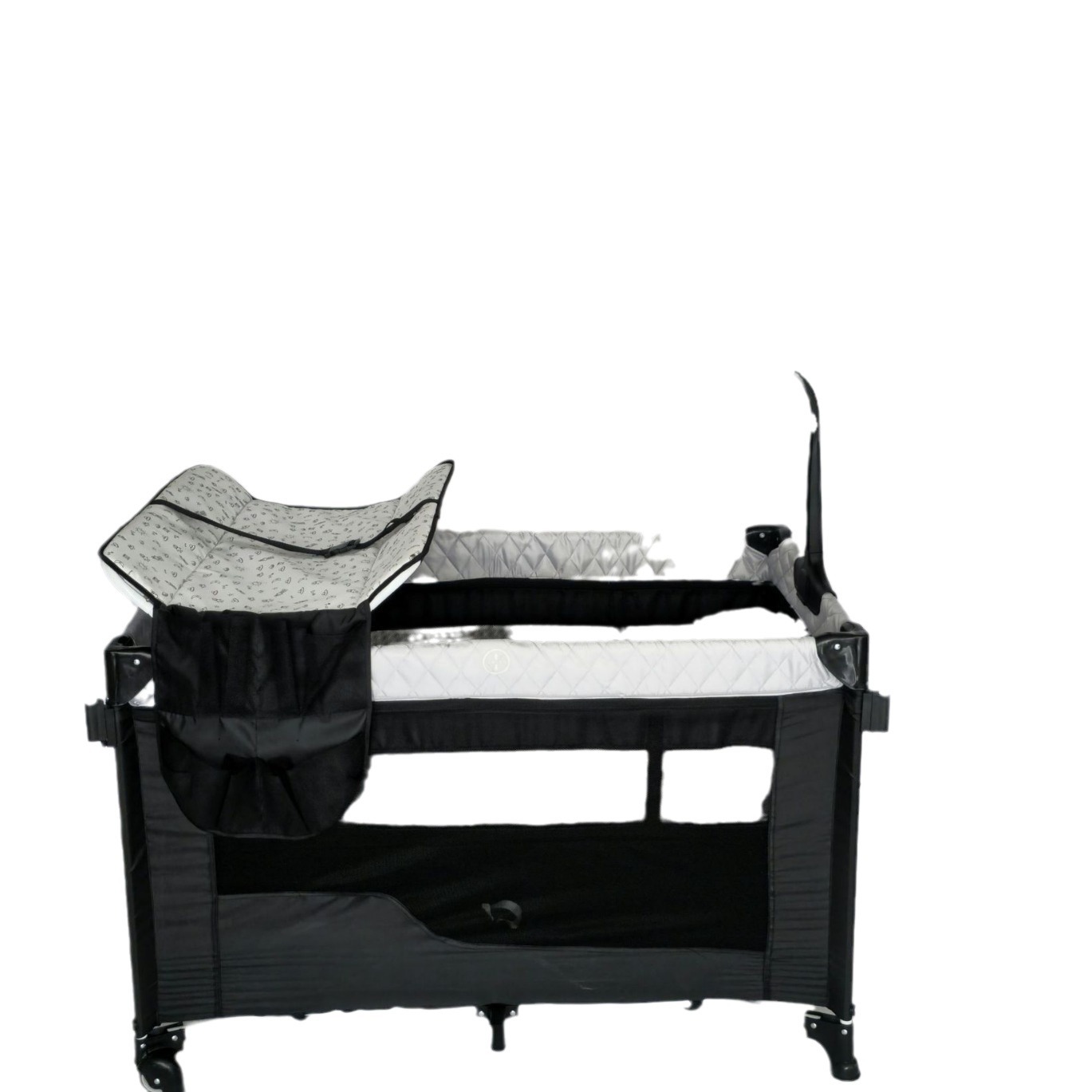 Cama de juegos para bebés con ruedas, mosquiteros de palacio con agujeros de juguete, mesa de pañales, estante de juguetes plegable