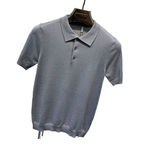 Summer Knit Short Sleeve Men's T-Shirt Korean Style Slim Fit Color Office Button-Down Polo Shirt Fashion Thin Elastic T-Shirt