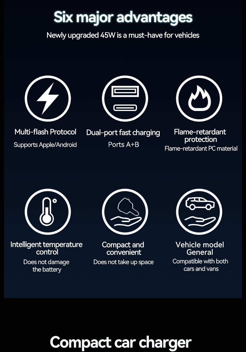 Cross-border new model car charger with ambient lighting, featuring a retractable cable, cigarette lighter socket, and window-breaking hammer – a four-in-one fast-charging car accessory