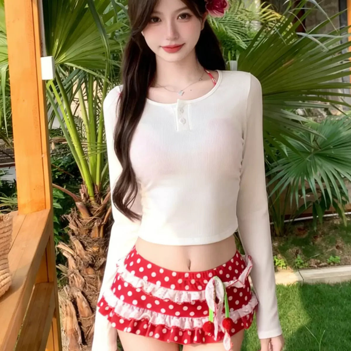 小樱桃比基尼泳衣三件套白色长袖罩衫甜美泡温泉分体游泳衣女