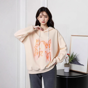 300kg plus size women's chubby girl butterfly printed hooded sweater coat 2024 late autumn new loose coat