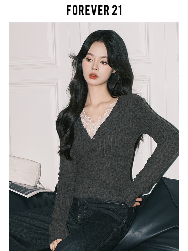 Forever21气质灰色蕾丝假两件V领针织小衫女纯欲修身长袖打底上衣|undefined