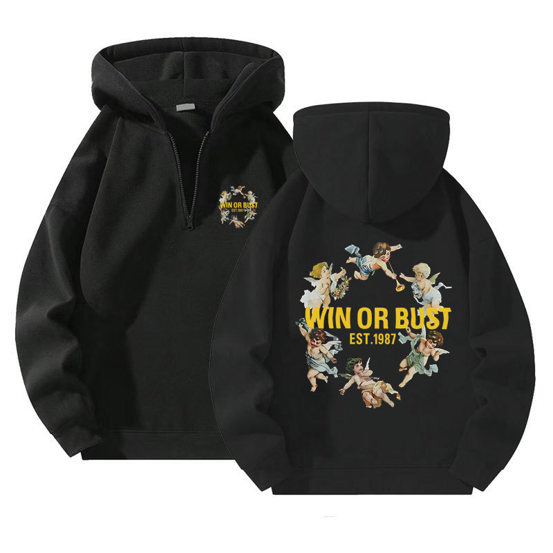 Black Women's Retro Letter Sweatshirts Fashion Double-Sided Printing Printed Quarter Zip Fleece Sweatshirt