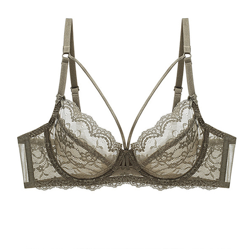 Sujetador de encaje sexy transfronterizo taza de cristal push-up delgada pura quiere hollow-out sujetador de soporte superior traje de ropa interior de mujer