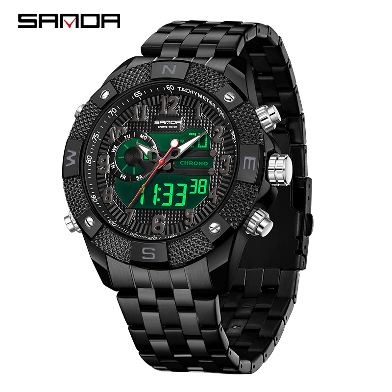 SANDA SANDA3308 nuevo reloj de pulsera electrónico con correa de acero, personalidad, creatividad, despertador multifuncional, reloj de luz nocturna