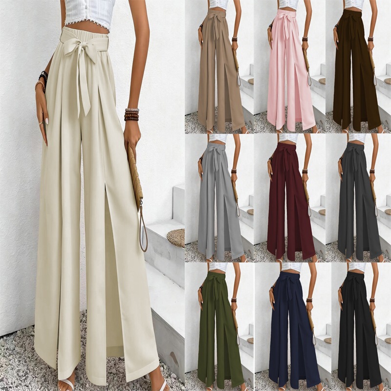 Summer New Style Aliexpress Amazon European and American Cross-Border Solid Color Casual Lace-Up Loose Women's High-Waisted Wide-Leg Pants Summer New Style Aliexpress Amazon European and American Cross-Border Solid Color Casual Lace-Up Loose Women's High-Waisted Wide-Leg Pants