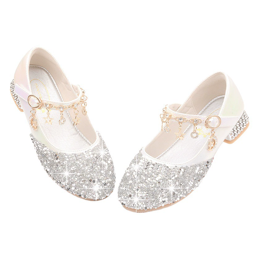 Прямая поставка с фабрики для девочек, обувь принцессы, весенне-осенняя одиночная обувь, детские туфли на высоком каблуке с кристаллами и вспышкой, кожаные туфли с бриллиантами и платьем