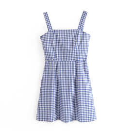 夏季新款欧美女装时尚复古格纹修身显瘦背带迷你连衣裙S12154
