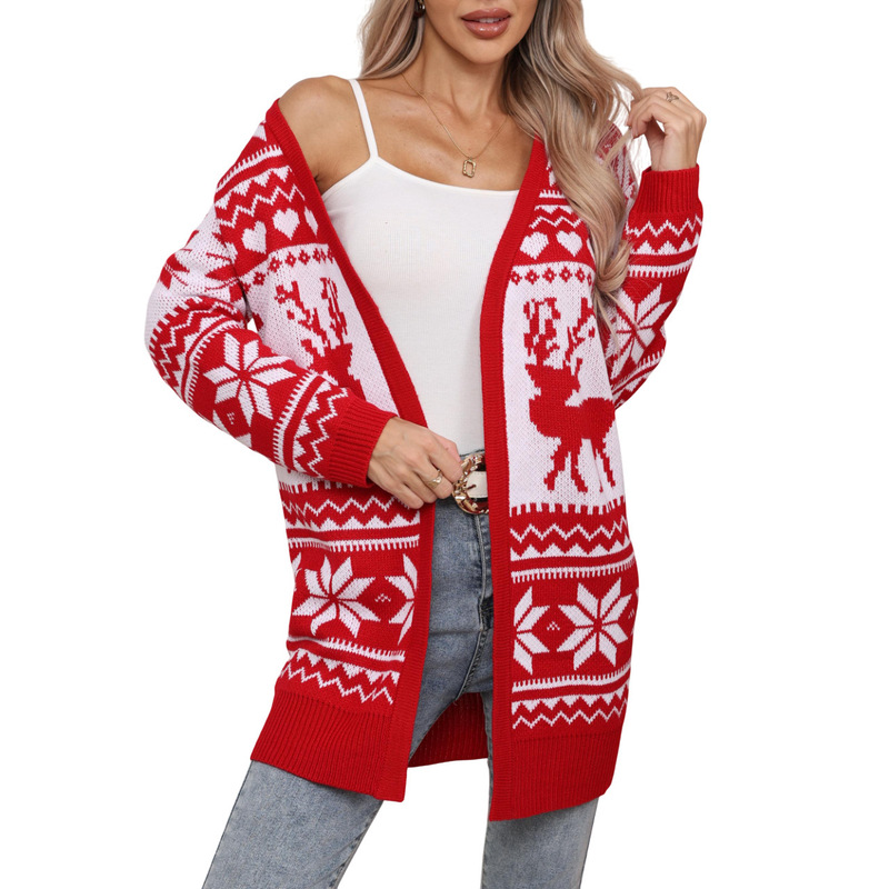 European and American Export Autumn and Winter Sweaters for Women Cross-Border Amazon Christmas Elk Snowflake Embroidered Knitted Cardigan Jacket for Women