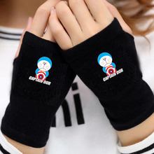 动漫哆啦A梦周边半指手套加厚保暖针织手套冬季学习工作露指手套