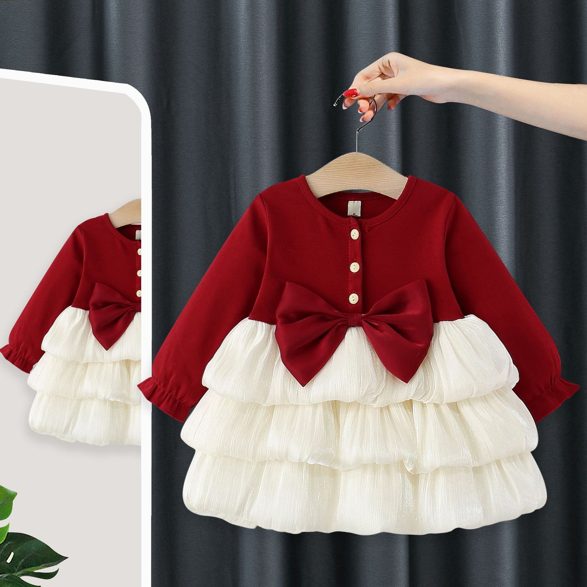 2025 Spring and Autumn New Girls Dress Children's Sweet Big Bow Long Sleeve Princess Dress Baby Clothes 5316