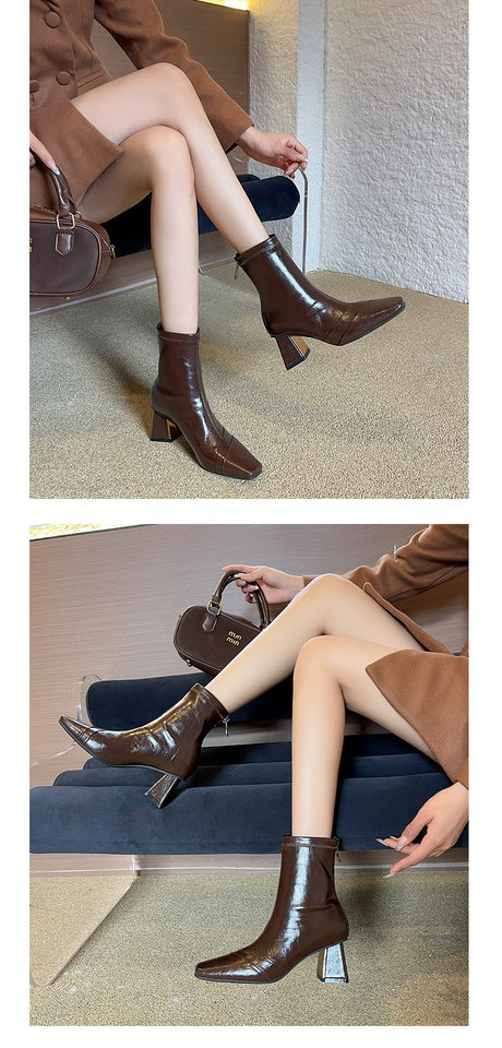 Bốt ngắn nữ mũi vuông gót dày 6–8 cm thiết kế cổ điển, khóa kéo sau — Màu nâu (lớp lót nhung), Màu đen (lớp lót nhung) chi tiết 7