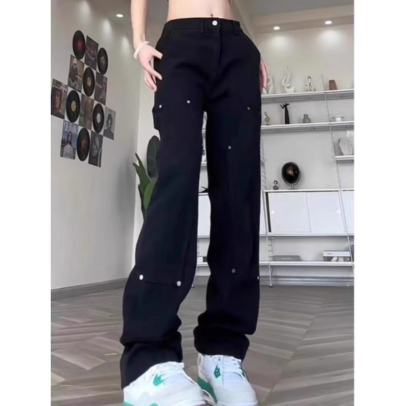 2024 New High Street Style Loose Straight Leg Jeans Women's Logging Pants Tall Black Lengthened Crane Trendy