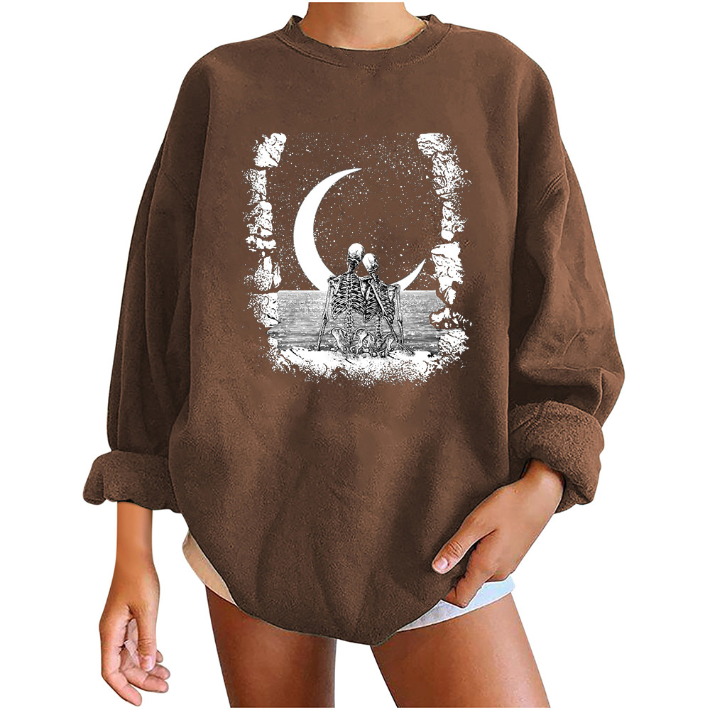 Halloween Skull Print Brushed Shoulder Long Sleeve Sweater Round Neck Women's Casual Top Unisex_voghion.com