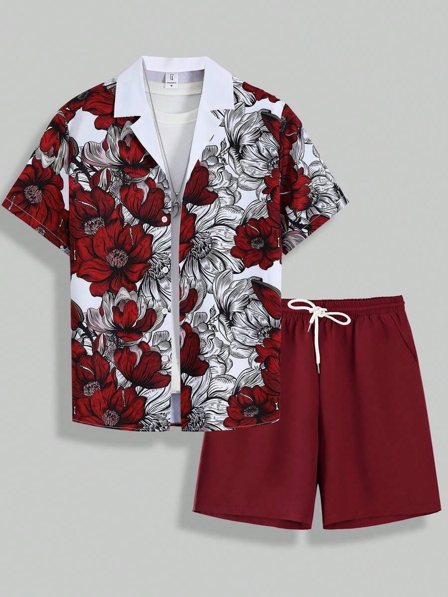 Men's Summer Beach Shorts Set With 3D Digital Print Black White Contrast Vacation Style Casual Short Sleeve_viptrois.com