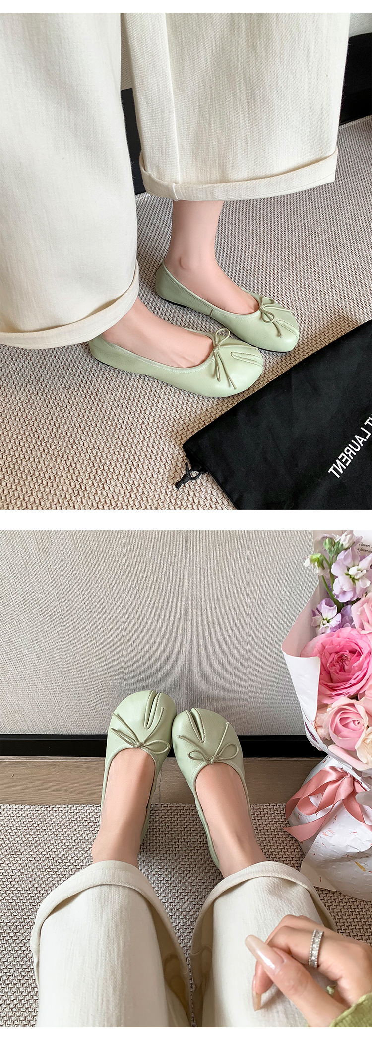 Giày ballet nữ da cừu mũi tròn nơ bướm đế bệt mềm mại — đen chi tiết 13