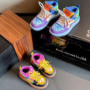 Girls' High-top fleece-lined sneaker 2024 Winter Warm Cotton Shoes Warm Middle and Big Children's Fashionable Trendy Leather Noodles for Boys