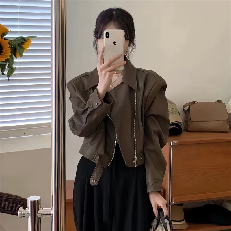 Brown leather coat for women Autumn New Korean style loose slimming suit collar motorcycle clothing short PU leather jacket fashion