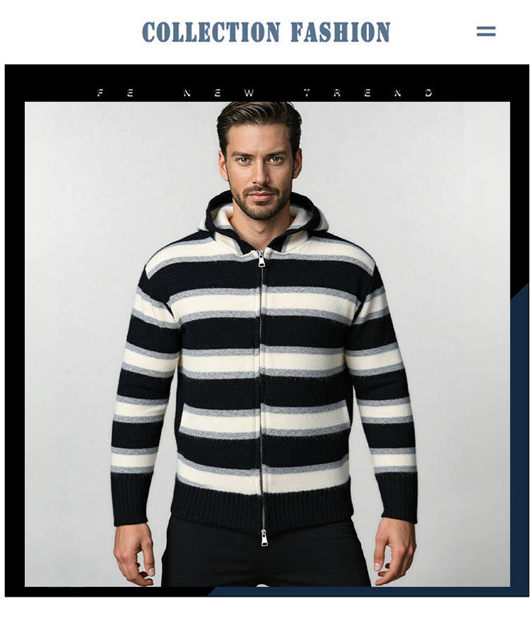 Men's Striped Hooded Sweater – Oversized Knit Pullover (Thickened Fleece Lining, Drop Shoulder, Ribbed Hem, Machine Washable, Streetwear Essential)​_voghion.com