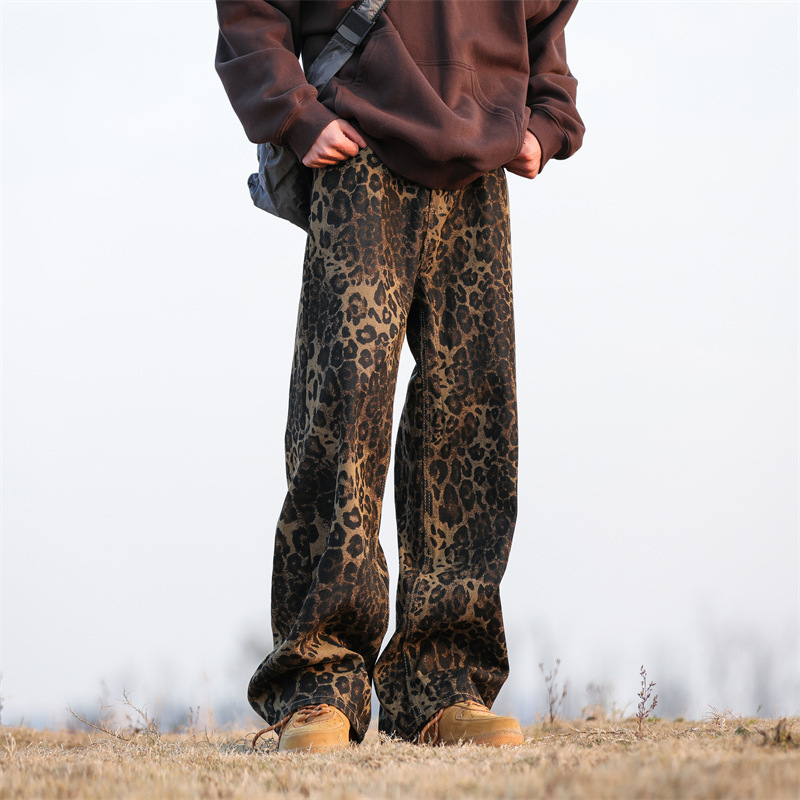Cross-Border Leopard Print Jeans for Men, New Autumn Style, American High Street Vibe, Unique Design, Wide-Leg Casual Long Pants Cross-Border Leopard Print Jeans for Men, New Autumn Style, American High Street Vibe, Unique Design, Wide-Leg Casual Long Pants