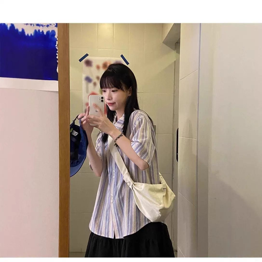 夏日盐系蓝色条纹薄款衬衫女韩版显大码瘦慵懒宽松多巴胺衬衣外搭