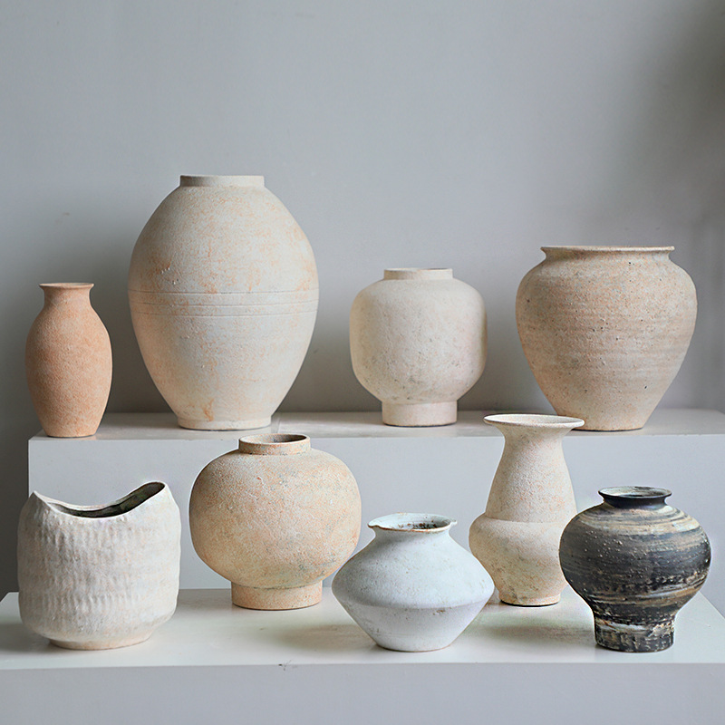 Color de la tierra Jingdezhen vasos de cerámica retrógrado hotel artesanal nórdico alojamiento residencial floral silenciosa decoración cerámica rugosa