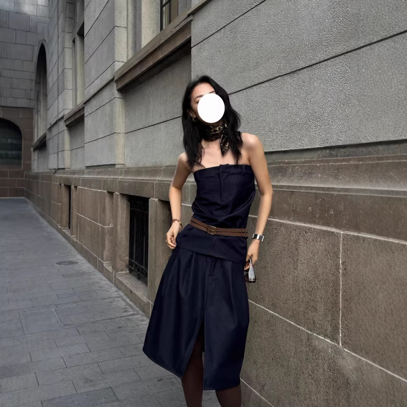 2026 Summer New Style "Old Money Vacation Style" Denim Waist-Tie Top, Layered Pleated Silhouette Skirt Set