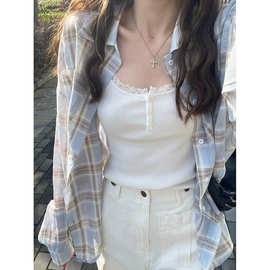 韩版格子衬衫女夏装新款宽松休闲计感小众复古叠穿衬衣长袖防晒衣