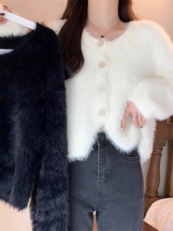 工厂批发仿水貂绒针织开衫毛衣外套女秋冬纯色新款爆款欧货软糯|undefined