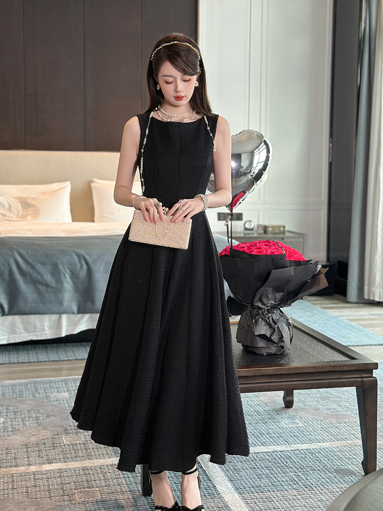 Váy maxi nữ thắt eo phong cách Pháp tay không dáng suông dài — Màu đen