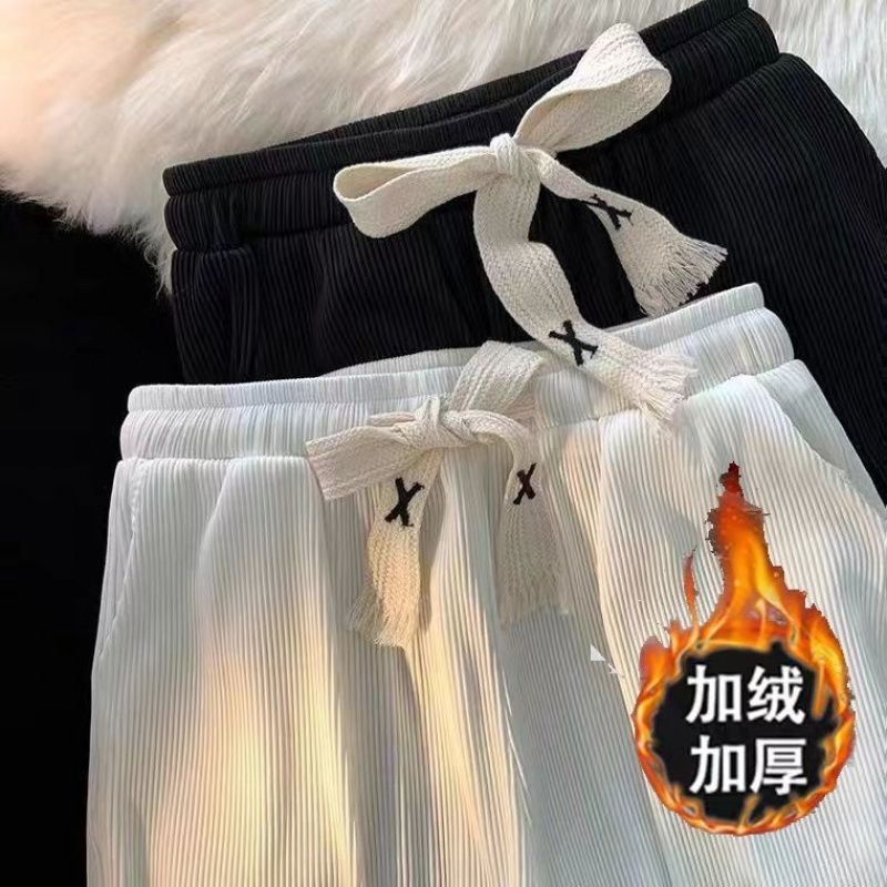 남성과 여성을위한 기모 두꺼운 코듀로이 와이드 레그 바지 가을 및 겨울 느슨한 올 매치 스트레이트 바지 높은 허리 다운 캐주얼 바지