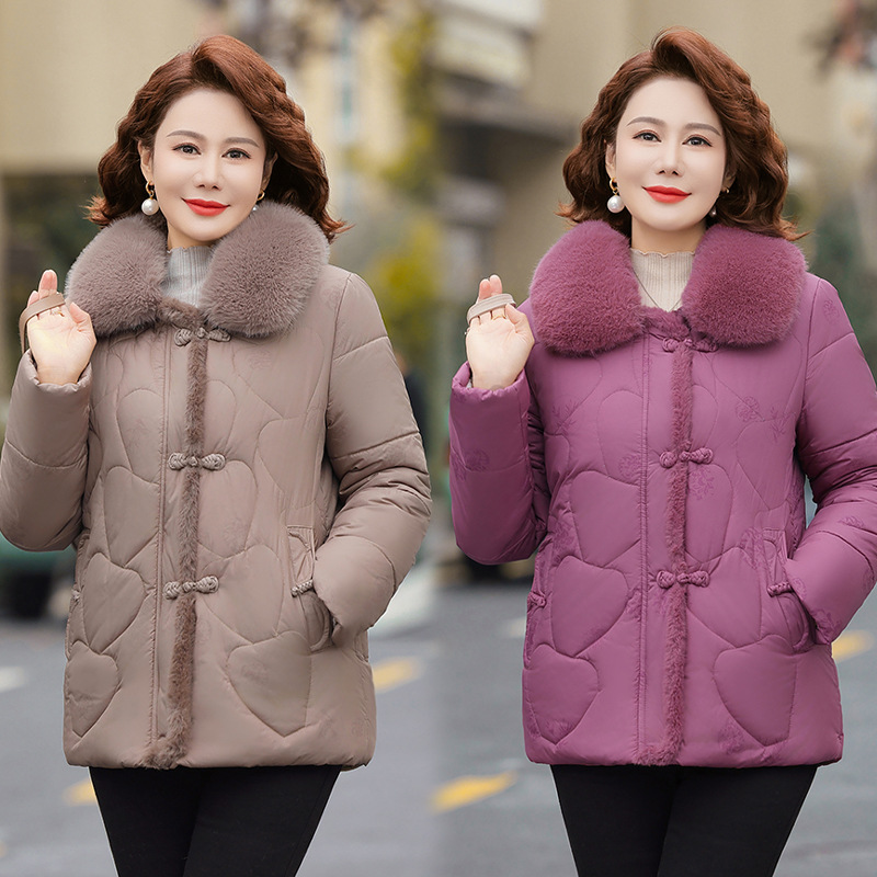 중노년 어머니들을 위한 겨울 다운 코트, 신상 모피 칼라, 벨벳 소재의 두꺼운 따뜻한 솜 패딩 재킷, 여성용 패셔너블한 코트