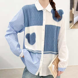 日系贴布拼接假两件设计秋季新款宽松显瘦翻领别致纯棉洋气衬衫女