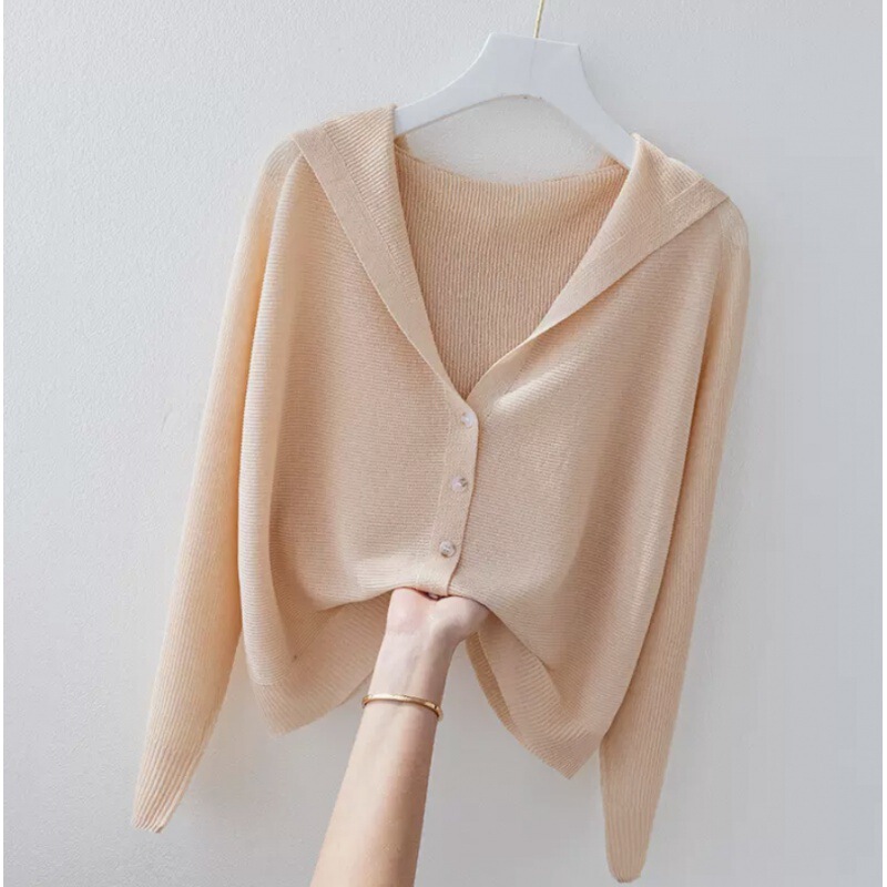 Ice Silk Knitted Cardigan for Women Paired with Skirt, Sun Protection Shawl, Loose Thin Style with Hood, Casual Versatile Jacket