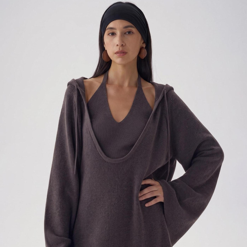 Sansen Relaxed Layered Knit Set 100% Sheep Wool Deep U Hooded Hoodie Halter Neck Two-Piece Set Sansen Relaxed Layered Knit Set 100% Sheep Wool Deep U Hooded Hoodie Halter Neck Two-Piece Set