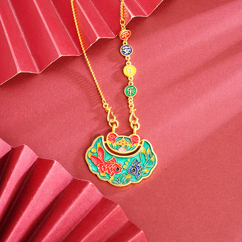 Gufa Sha dorado azul esmalte color Ruyi cerradura Koi collar estilo palacio retro no se desvanece joyas de aleación de cobre