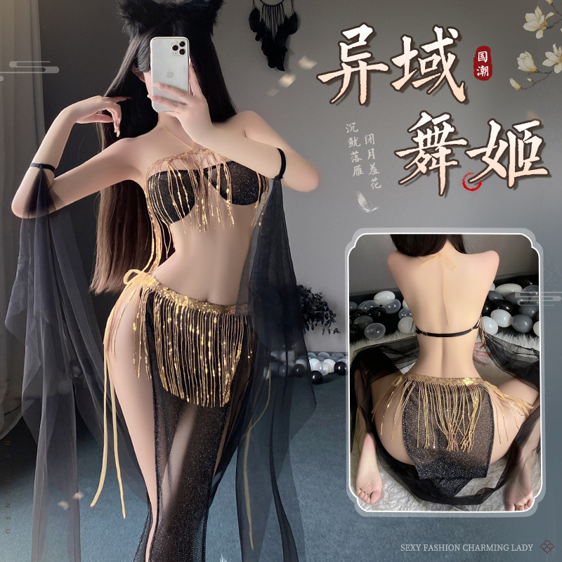Manyan antique sexy lingerie sexy exotic dance girl tassel sequins split lace-up skirt uniform suit 9971