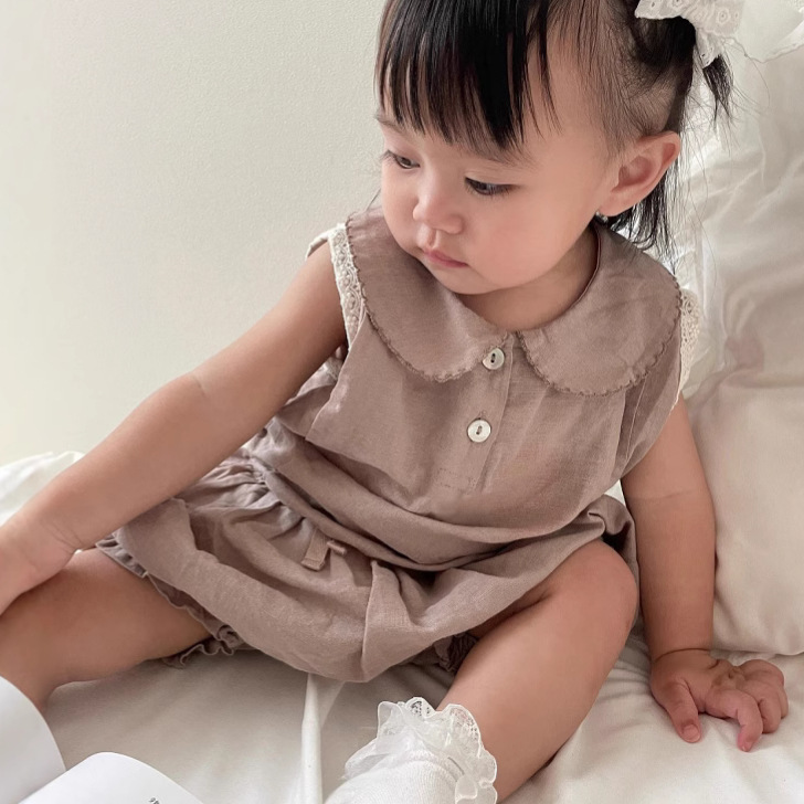 Girls Summer Suit Pure Cotton Baby Girl Thin Shirt Collar Short-Sleeved Top + Butt Pants Split Two-Piece Summer Set