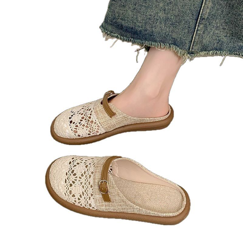 Dép lê nữ bít mũi vải lanh thêu hoa nhí, đế bằng gót thấp 1–3 cm, kiểu xỏ chân thoáng khí — Dép lê nữ S3 - màu be [hộp], Dép lê nữ S3 - màu đen [hộp]