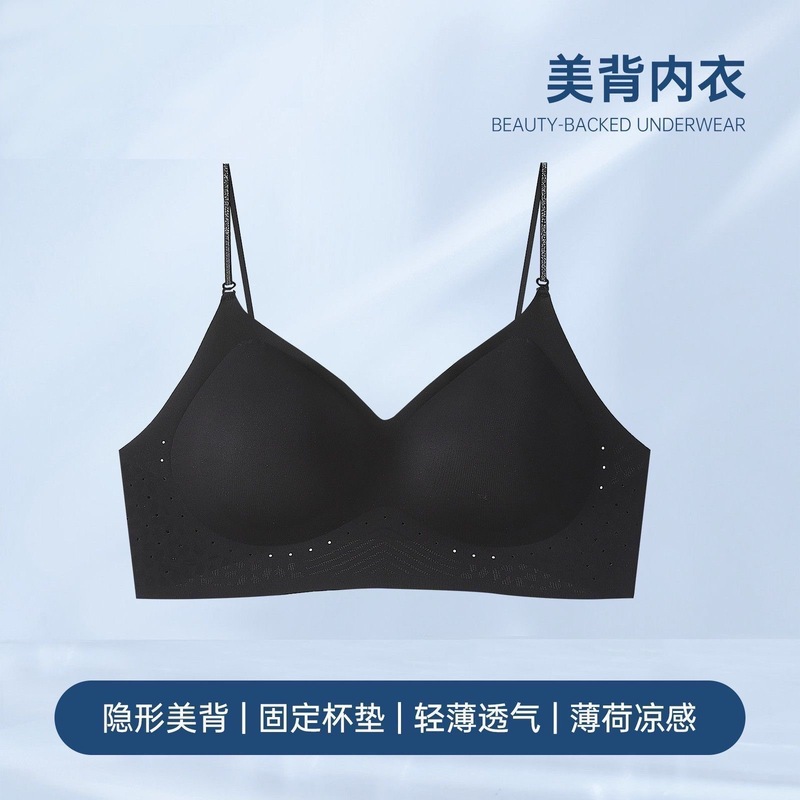 大露背隐形粉底液内衣女聚拢美背冰皮凉感固定杯无痕文胸罩夏薄款|undefined